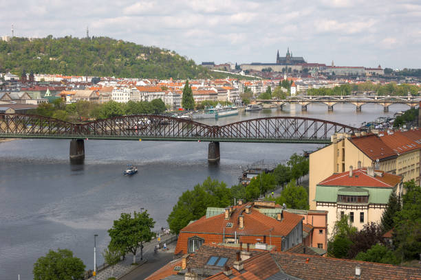 istock Prague River Vltava Bridges With Traffic and Prague Castle. 2187089546