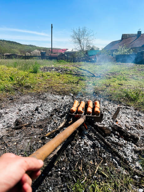 Grilling sausages over campfire in sunny countryside setting