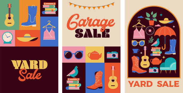 Garage Sale, Yard sale posters, flyers, post templates. Retro style flea market, second hand and garage sale concept vector design