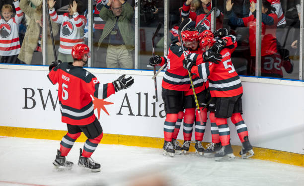 ice hockey team celebrating a goal - ijshockey mannen fotos stockfoto's en -beelden