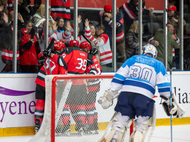istock Ice hockey players celebrating after scoring goal 2187096509