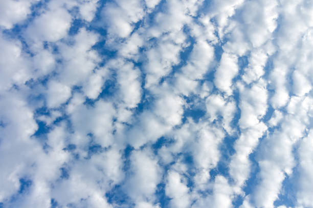 beautiful blue skies with puffy white and colored clouds at sunrise