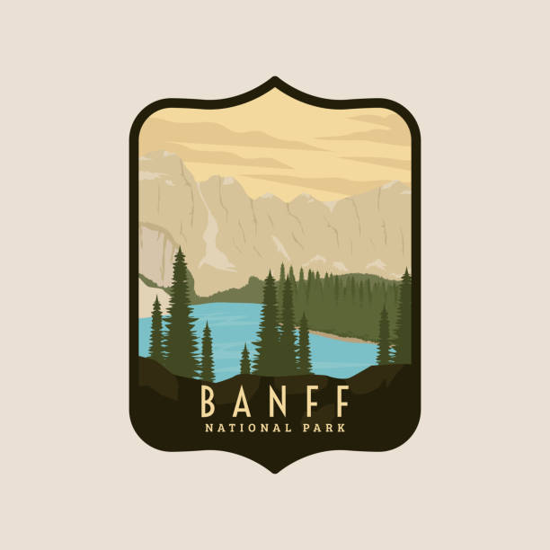 vintage retro banff national park logo with icon emblem and symbol vector illustration design graphic template, national park in canada vintage design template