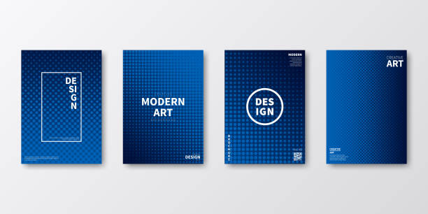 Set of four vertical brochure templates with modern and trendy backgrounds, isolated on blank background. Halftone illustrations with a lot of dots and beautiful color gradient (colors used: Blue, Black). Can be used for different designs, such as brochure, cover design, magazine, business annual report, flyer, leaflet, presentations... Template for your own design, with space for your text. The layers are named to facilitate your customization. Vector Illustration (EPS file, well layered and grouped). Easy to edit, manipulate, resize or colorize. Vector and Jpeg file of different sizes.