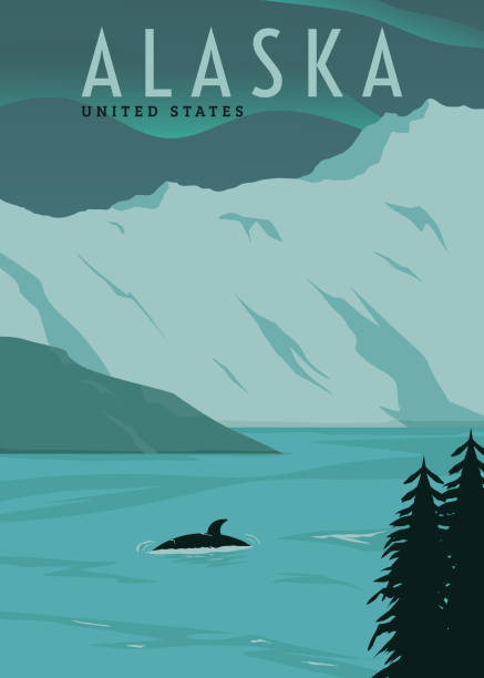 mountain and lake views in alaska, landscape poster illustration design