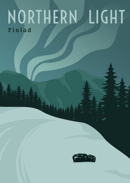 northern lights in alaska landscape poster illustration design.
