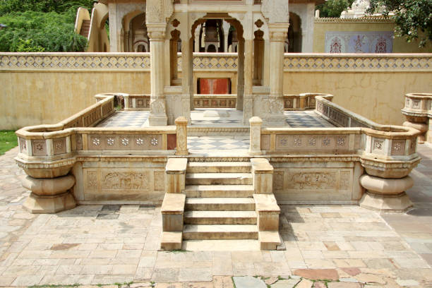 The Garden in front of Sukh mandir, Amer Fort (Amber Fort and Amber Palace). Amer Fort is known for its artistic Hindu-style elements. With its large ramparts series of gates and cobbled paths, the fort overlooks Maota Lake. Amer Fort, along with five other forts of Rajasthan, was declared a UNESCO World Heritage Site