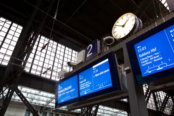 istock Train departure information sign at a railway station 2187102956