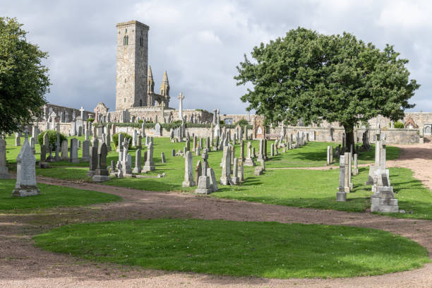 St Andrews, Fife, Scotland - Sept 15 2024:  Graveyard and St Rules Tower and the remains of St Andrews Cathedral