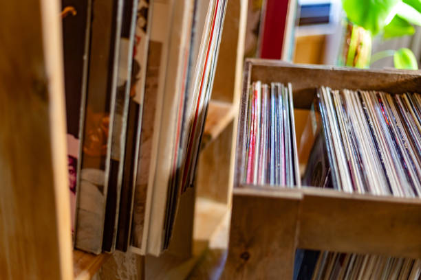 Madrid, Spain. Wooden lockers and boxes filled with vinyl records.