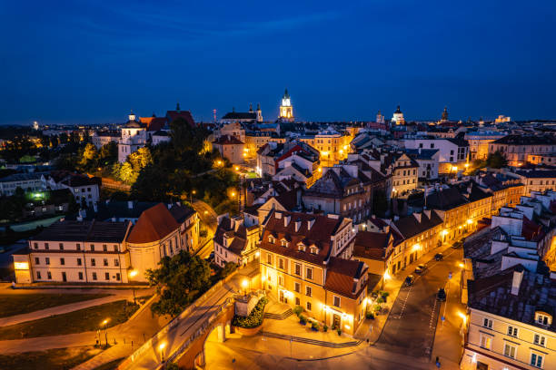 Lublin old town at night, drone photo. Lublin, Poland 4.08.2024