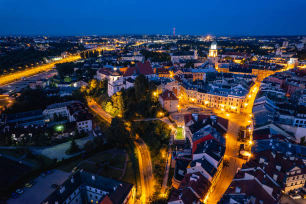 istock Lublin old town at night, drone photo. 2187107182