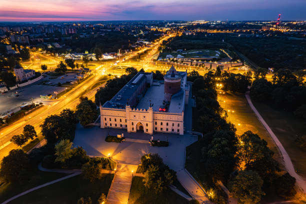 istock Lublin old town at night, drone photo. 2187107184