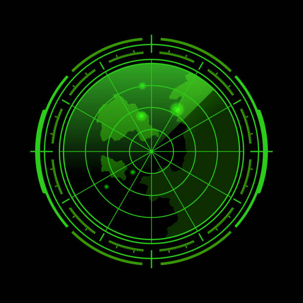 Radar screen displaying green signals on a black background for navigation and tracking purposes Displaying a radar screen in vibrant green tones against a deep black background, this setup is used for detecting and tracking objects in various environments, showcasing detailed signals. signal detection stock illustrations