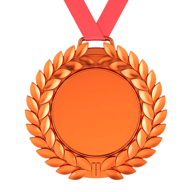 Bronze medal with red ribbon, 3D rendering isolated on white background