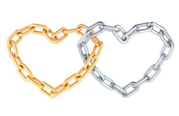 istock Hearts from silver and golden chains crossed each other. 3D rendering 2187110854