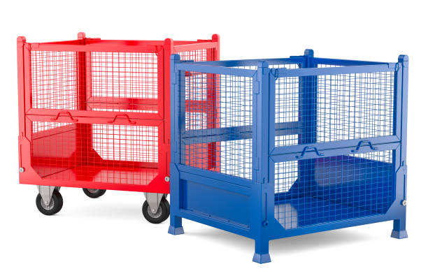 istock Collapsible transportation box pallet and collapsible wire mesh pallet with wheels, 3D rendering 2187111061