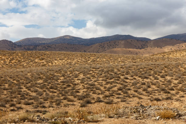 Dry terrain stretches across the horizon in Iran, marked by hilly formations and minimal plant life under a cloudy sky.
