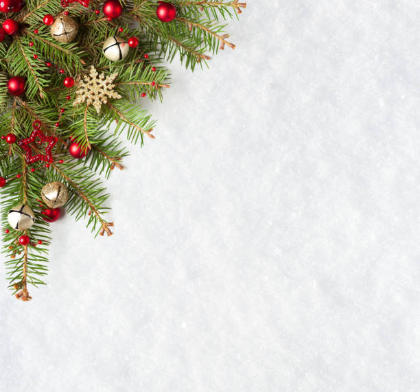 istock Christmas and New Year background.  Christmas tree branches with  decorations on the background of natural snow with empty space for text.  Flat lay. 2187116562