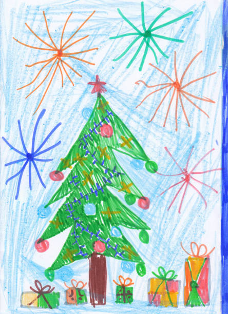 istock New Year tree hand drawn with color pencils in a childish manner, New Year greeting card, Christmas tee greeting card with fir tree and gift boxes 2187116752