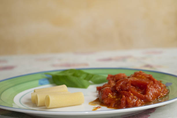 rigatoni pasta with fresh tomato sauce and basil