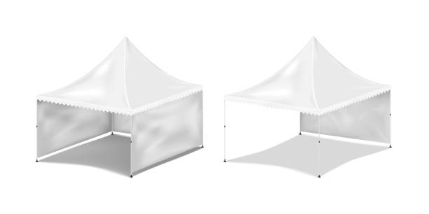 istock White blank pagoda canopy tent with back and side walls. Realistic 3d vector mockup. Pop-up gazebo. Mock-up. Folding event marquee. Template for design 2187118728