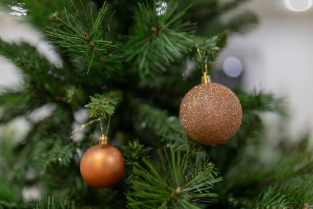 istock Christmas decoration, golden ball hanging on pine branches 2187119509