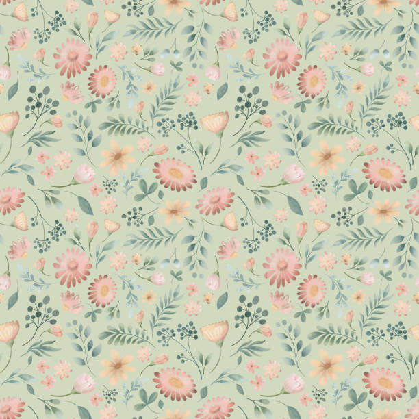Flowers in feather tones. Watercolor seamless pattern. Design of cute natural elements in delicate colors for decoration designs, textile packaging