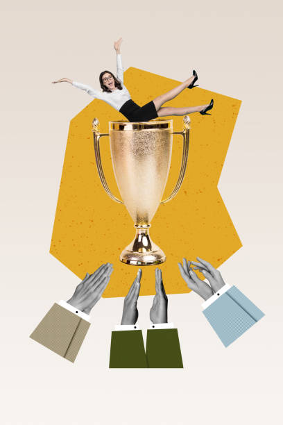 istock Vertical illustration template collage business lady win triumph golden goblet during hands clapping ovation isolated on yellow background 2187123453