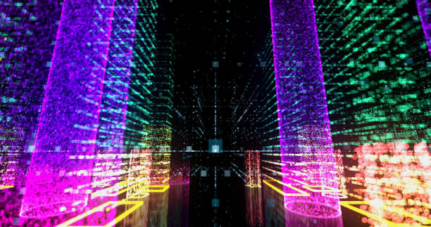 istock Moving Through neon synthwave City With symbols and Grids. Technology and Business related 2187123841
