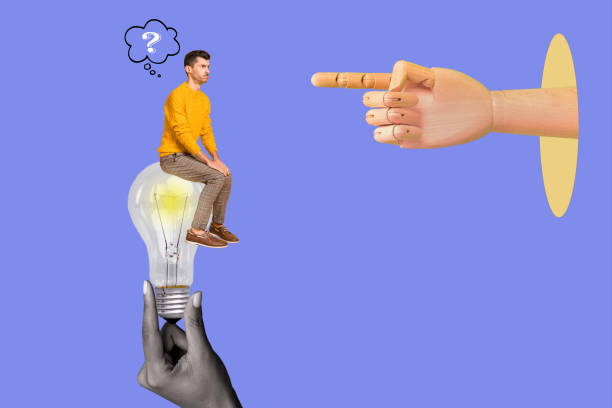 istock Creative magazine collage template of thoughtful male sitting on light bulb without electricity brainstorming when finger point him 2187125146