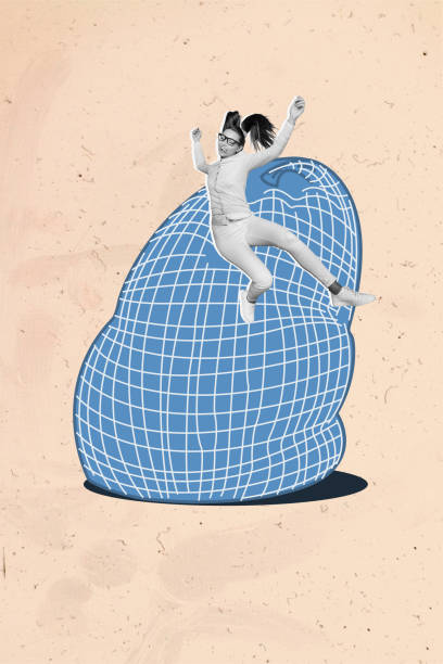 istock Vertical artwork collage image of mini cheerful black white effect girl jumping big painted sack isolated on beige background 2187126171