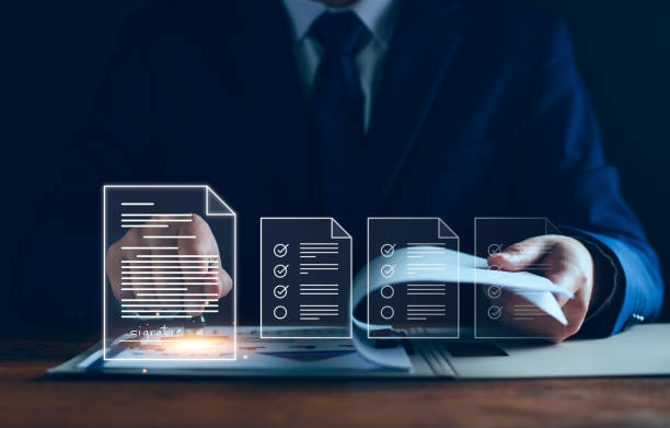 istock Manager is verifying the validity, security, approving requests, quality assurance, investment contracts. Online digital document work, paperless office. online survey. Checking mark up on check boxes 2187126225