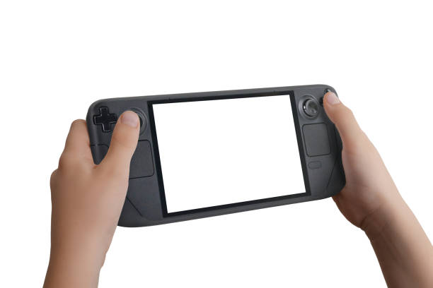 istock Close-up angled view of hands holding a handheld gaming console from the left side, isolated screen and background, perfect for game promotion and mockup presentations 2187127837