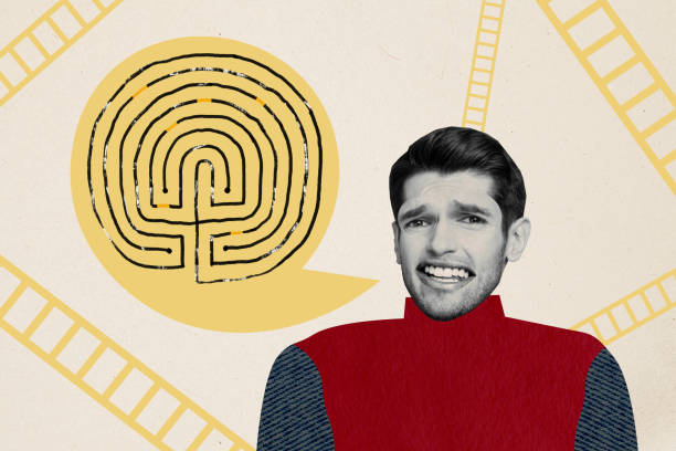 istock Collage graphics picture of unhappy upset guy trying find labyrinth wright way isolated painting background 2187127969