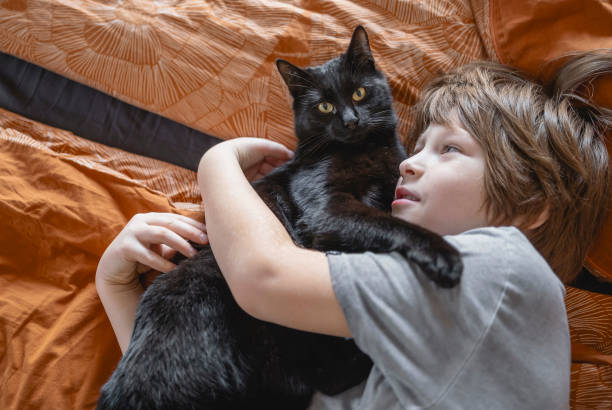 istock Kid portrait with cat at home 2187129387