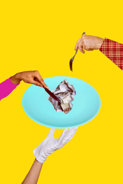 istock 3d retro abstract creative artwork template collage of hands hold fork knife plate money crumpled bizarre unusual fantasy billboard comics 2187129807