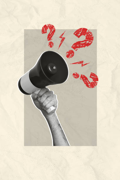 istock Vertical creative photo abstract composite collage of arm hold loudspeaker asking questions at protest isolated on drawing background 2187130309