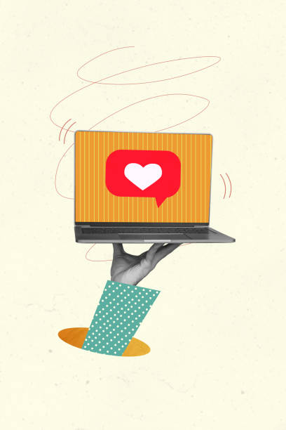 Vertical template illustration collage of laptop standing on hand with like button promoting new blog isolated on white color background