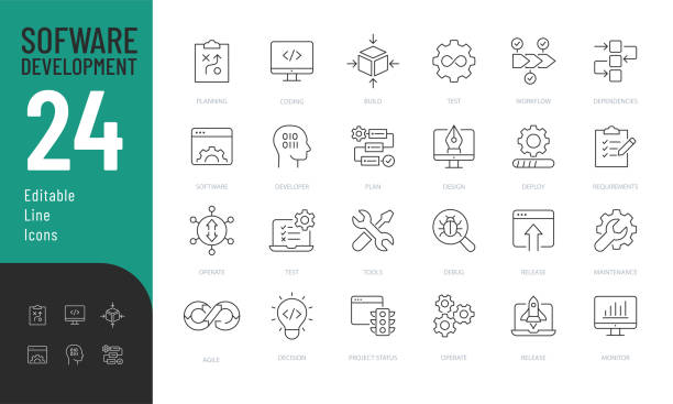 stockillustraties, clipart, cartoons en iconen met software development line editable icons set. - laboratoriumtest