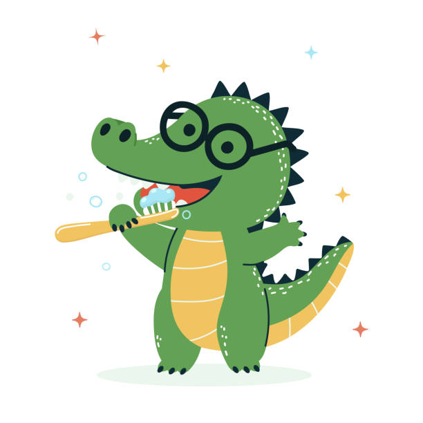 Cute crocodile character happily brushing teeth while wearing glasses and smiling A cheerful crocodile character with glasses is engaging in dental hygiene by brushing its teeth crocodile smile stock illustrations