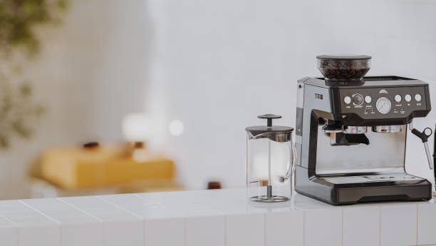 istock Coffee machine with french press on white tiled counter, cafe interior with tables in the background, 3d render 2187141916