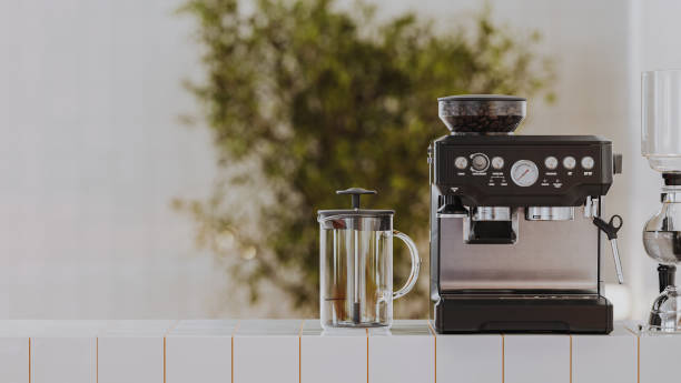 istock Coffee machine with french press on white tiled counter with blured cafe background, 3d render 2187141925