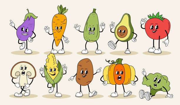 istock Funny vegetables retro characters set. Mascot and fictional character for kids. Pack for creating animations. Carrots, avocado, tomato and corn. Cartoon vector collection 2187151429