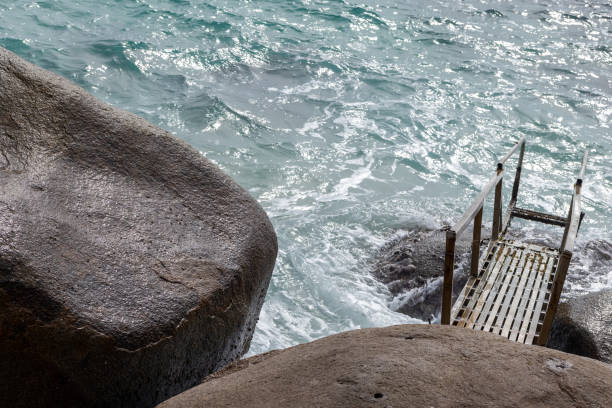 istock Rocky beach view with a footbridge for swimming 2187152199