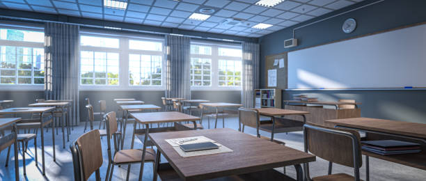 istock Sunlit classroom with wooden desks and chairs sits empty, ready for students to arrive 2187158353