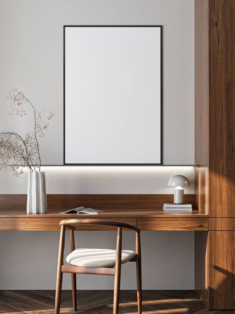 istock Frame mockup, ISO A paper size. Home office wall poster mockup. Interior mockup with house background. Modern interior design. 3D render 2187165153