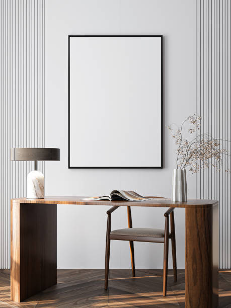 istock Frame mockup, ISO A paper size. Home office wall poster mockup. Interior mockup with house background. Modern interior design. 3D render 2187165155