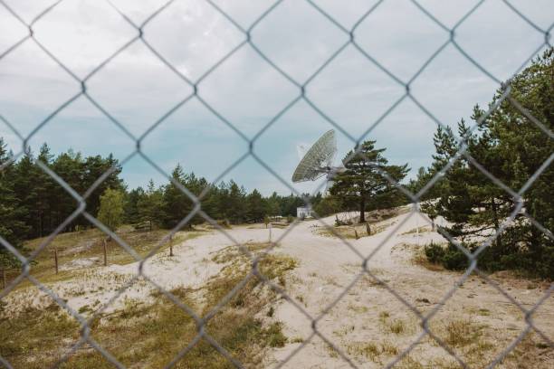 istock Satellite dish in a sandy landscape through fence. 2187165261