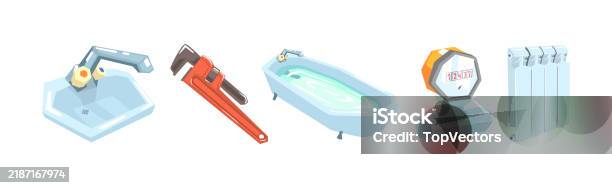 Plumber Object Professional Plumber Object And Instrument Vector Set Stock ...